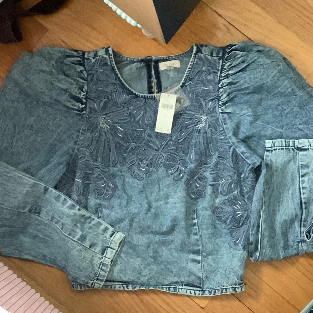 Anthropologie Pilcro Embroidered Denim-Effect Crop Top in Blue